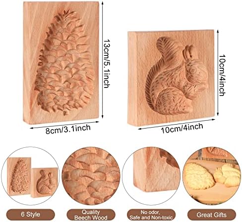 Meanplan Carved Wooden Cookie Mold, Baking Embossing Cookies Stamp Mold Cutter Funny 3D Heart Wood Rose Dessert Tools for Christmas Kitchen DIY Baking Tools(Squirrel, Pine Cone)