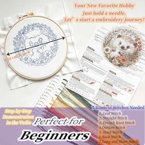 FONNUY Embroidery Kit for Beginners, Cute Hedgehog Stamped Embroidery Patterns Kits for Adults with Hoop, Easy to Follow Sewing Thread Needlework, 8'' Hoop (Tiny Ball)