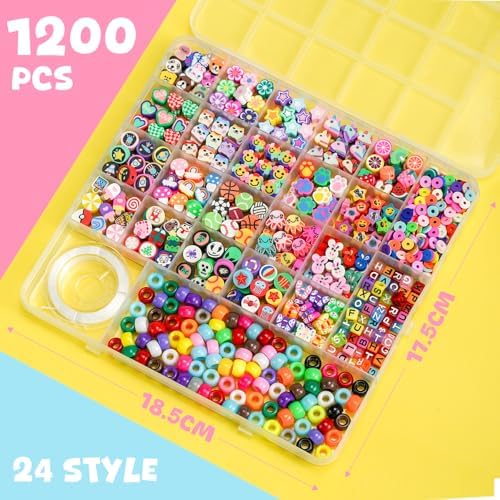 Gionlion 1200 Pcs Polymer Clay Beads Bracelet Making Kit, 25 Style Animal Fruit Flower Butterfly Bunny Pony Letter Beads Charms for Jewelry Making, DIY Art and Crafts Toys Gifts