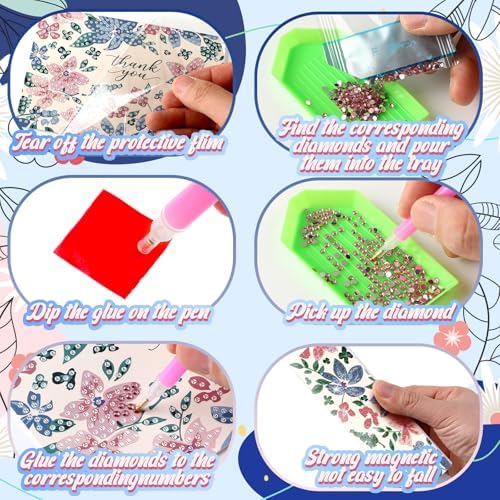 Saillong 12 Pack Thank You Diamond Painting Greeting Card Kit DIY Flower Thanks Diamond Art Cards with Envelope 5D Rhinestones Painting Making Kit for Adults Beginner DIY Crafts Thanksgiving Gifts