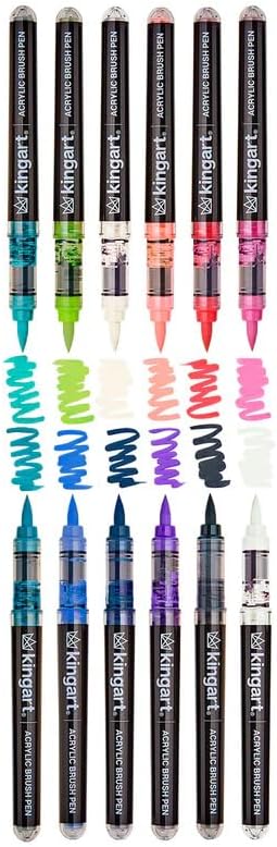 KINGART Acrylic Paint Markers Brush Tip, 12 Lettering Colors. Water-based, no-bleed, waterproof pens with automatic ink control for rock, egg, wood, fabric, glass & DIY crafts