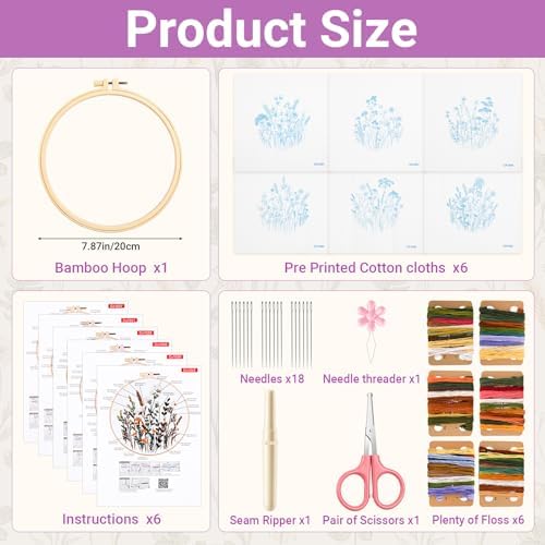 Hokoad 6 Pack Embroidery Kit for Beginners Flower Cross Stitch Kits for Adults Complete Embroidery Starter Kit with Hoop Floral Stamped Pattern Needles Threads Instructions, Gift for Hand Craft Lover