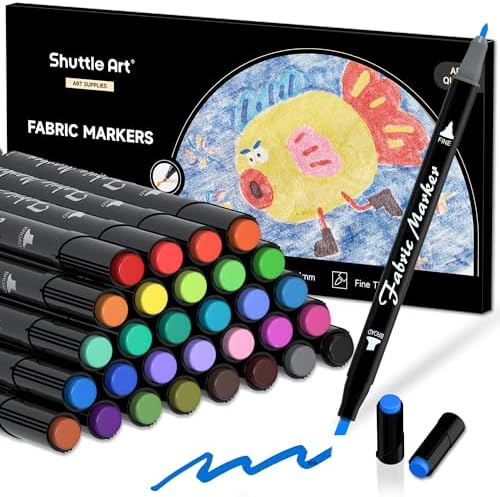 Shuttle Art Fabric Markers Pens, 30 Colors Dual Tip Fabric Marker Permanent No Bleed Markers for T-Shirts Sneakers, Non-Toxic & Child Safe Shirt Pens for Adult Painting Writing