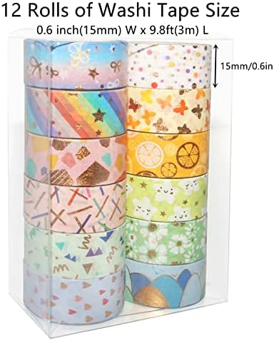 Candy Color Washi Tape Set 12 Rolls Bronzing Decorative Holiday Arts and Craft Washi Masking Tapes for Scrapbooking, Journal, Planner,Gift Wrapping, Stationery