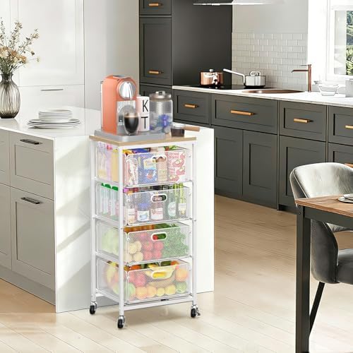 SUNALLY Kitchen Storage Cart with Drawers,Metal Snack Cart Organizer,White