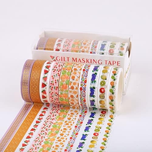 YUBBAEX 10 Rolls Sparkling Washi Tape Set 8mm Skinny Gold Foil Decorative Masking Washi Tapes for Bullet Journal,Scrapbook, Planner, DIY Crafts (Various Fruits)