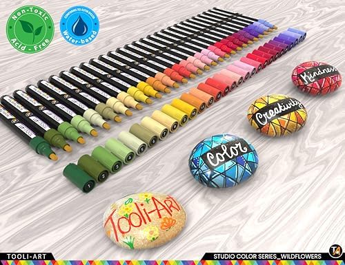 28 Wildflower Colors Acrylic Paint Pens Studio Color Series Markers Set 3mm Medium Tip, Rock Painting, Glass, Mugs, Wood, Metal, Canvas, DIY Projects, Detailing. Non Toxic, Waterbased, Quick Drying