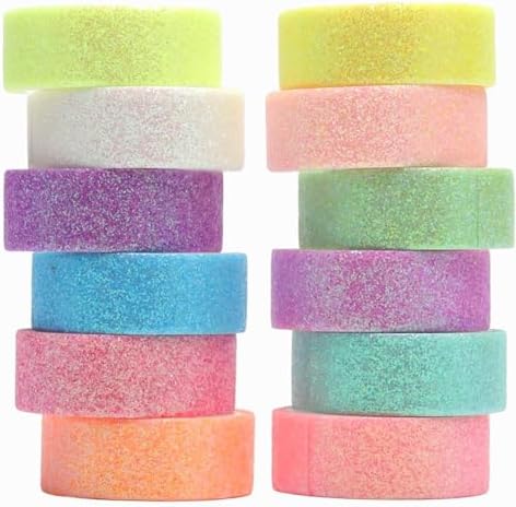 12 Rolls Glitter Washi Tape Set Christmas Washi Masking Tape Decorative Adhesive Tape for Scrapbooking DIY Crafts Crafters Embellished Journals Planners Cards Gift Wrapping Ribbons Wedding (B)