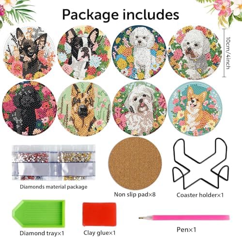 8 Pack Diamond Art Coasters,Dog Flowers Diamond Painting Coasters Kits