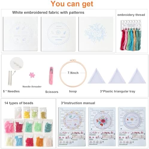 Myfelicity Bead Embroidery kit with Floral Patterns, Colorful Thread Sets, and Instructions, Suitable for Beginners and Adults, Box Packaging