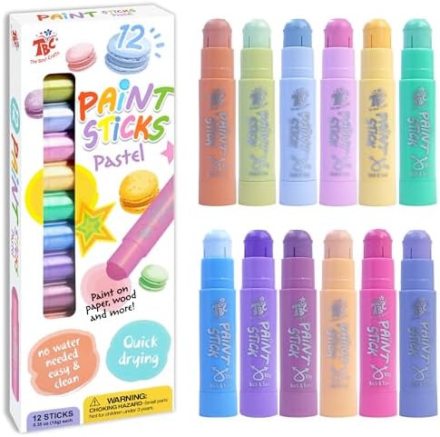 TBC The Best Crafts Paint Sticks, 12 Colors Pastel, Washable, Non-toxic, Tempera Paint Sticks for Kids and Students