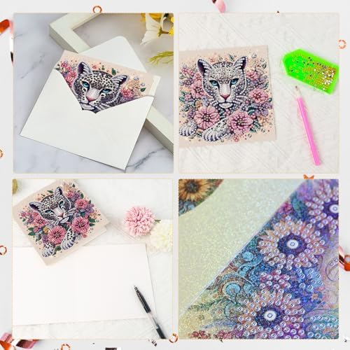 LazyFold 6 Pcs Diamond Art Painting Greeting Cards Kits, DIY Flowers and Animals Handmade Festival Greeting Cards with Envelopes Diamond Art Crafts Birthday Cards Creative Gift