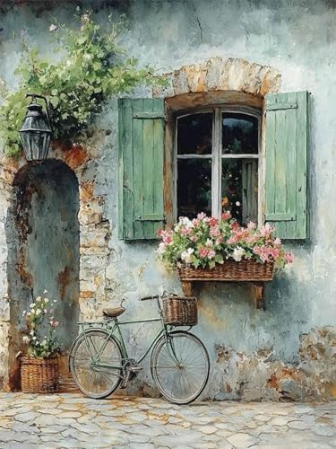 Accompany Wind Diamond Painting Kits for Adults, Windows Bicycle Flower Diamond Art Kits for Beginners,5D Round Full Drill Diamonds Gem Art Crafts for Home Wall Decor Gifts 12x16 Inch