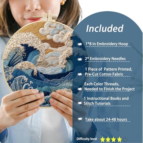 FONNUY Embroidery Kit for Beginners, Stormy Sea Wave Flowers Pre-Stamped Pattern Kits for Adults with Hoop, Easy to Follow Color Thread Needlework, 8'' Hoop (Gold)