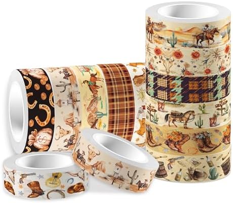 12 Rolls Western Washi Tape Masking Decorative Cowboy and Cowgirl Washi Tape for DIY Craft Gift Wrapping Handbook Sticker Scrapbook Journaling Party Favor