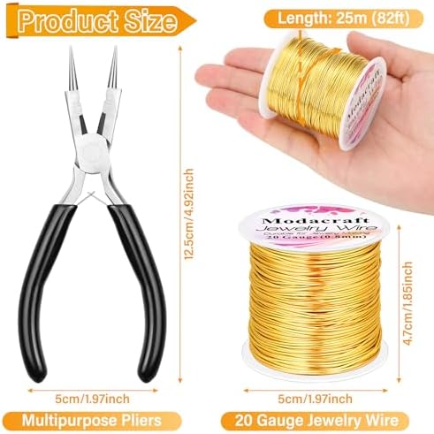 Modacraft 20 Gauge Gold Jewelry Wire & 4-in-1 Pliers Kit - 82FT Tarnish Resistant Copper Craft Wire (0.8mm) for Wire Wrapping, DIY Jewelry Making, Christmas Ornaments & Holiday Decorations