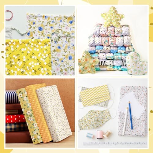 HunnmingRe 20 Pcs 10''x10'' Yellow Flower Quilting Fabric Square Spring Floral Precuts Quilted Fabric Bundle Plaid Polka Dot Stripes Printed Sewing Material for Summer Patchwork DIY Craft Supplies