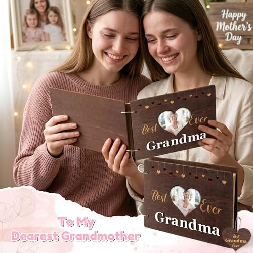 CY2SIDE Best Grandma Ever Album Scrapbook - Mother’s Day Wooden Scrapbook Craft Kit, DIY Photo Memories Book with 30 Pages Birthday Gift for Mother’s Day, DIY Handmade Scrapbook Gift for Grandmother