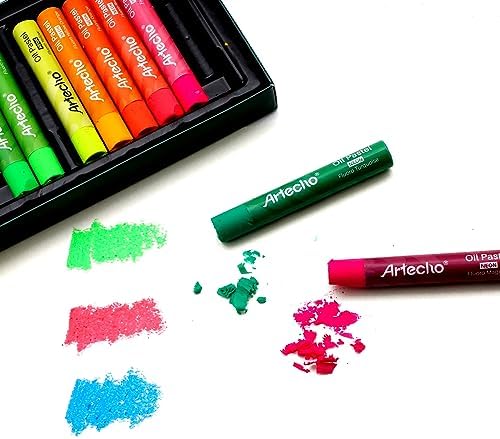 Artecho Neon Oil Pastels Set of 12 Colors 6 Packs (10 x 70 mm) | Soft Oil Pastels, For Art Painting, Drawing, Blending, For Artists, Beginners, Students, Teachers