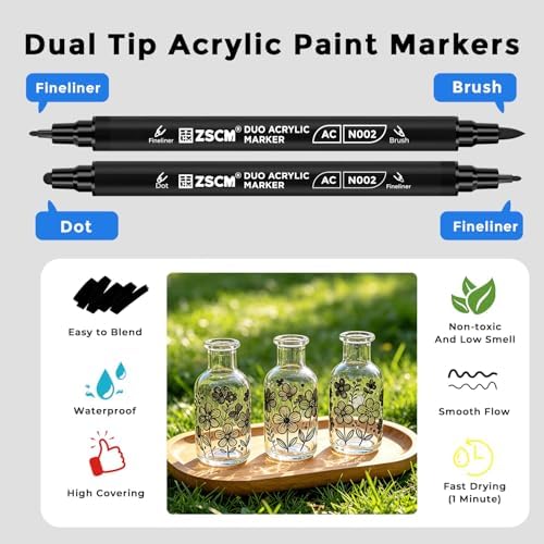 ZSCM 12 Black Acrylic Paint Markers, Dual Fine & Brush Tip Acrylic Pens