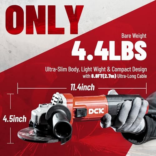 DCK 9.0Amp Angle Grinder 1100W, 4-1/2 Inch Electric Grinder Power Tool, 11800 RPM, Auxiliary Handle 2 Safety Guards, 6 Piece Discs, Copper Angle Grinder for Cutting, Grinding, Polishing (KSM17-115B)