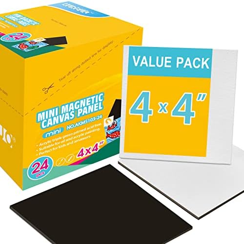AUREUO Mini Magnetic Canvas Panel 4x4 Inch / 24 Pack - Small Square Flat Canvas Board with Magnet Back Art Gift Set, Bulk Pack Tiny Thin Canvases for Painting & Craft