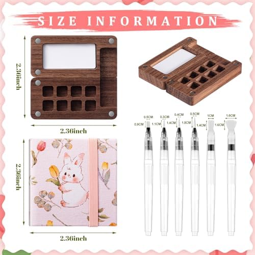 Qilery Mini Portable Watercolor Palette Set Wooden Grid Paint Box Watercolor Paper Sketch Book Brush Pens with Binder Clip for Painters Artist Not Include Paint(Rabbit)