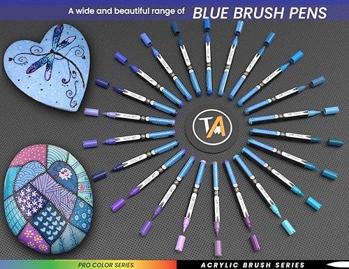 TOOLI-ART 22 Flexible Brush Tip Acrylic Paint Pens Markers Set 1-7mm Line for Rock Painting, Glass, Mugs, Wood, Metal, Canvas, Plastic. Non Toxic Waterbased Quick Drying Assorted Blue