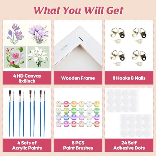 Flowers Paint by Number for Adults Beginners and Kids, 4 Pack DIY Adult Paint by Number Kits on Canvas Framed, Color by Numbers Acrylic Oil Painting Number Kits Crafts for Home Wall Decor 8x8inch