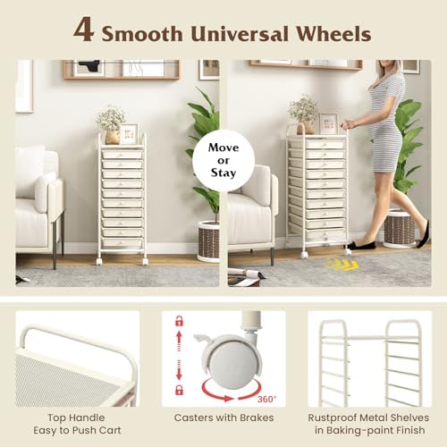 Storage Cart, Rolling Utility Cart with 10 Drawers, Portable Handles & Lockable Wheels, Mobile Paper Toys Storage Organizer Large Capacity for Home Office School Teacher (White)
