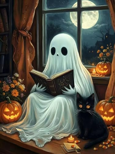 TYPUSOK Halloween Ghost Diamond Art Kits for Adults,Round Full Drill 5D Diamond Painting Kits for Beginners,Black Cat DIY Diamond Dots Pictures Gem Art Kit,Home Wall Decor 12x16in