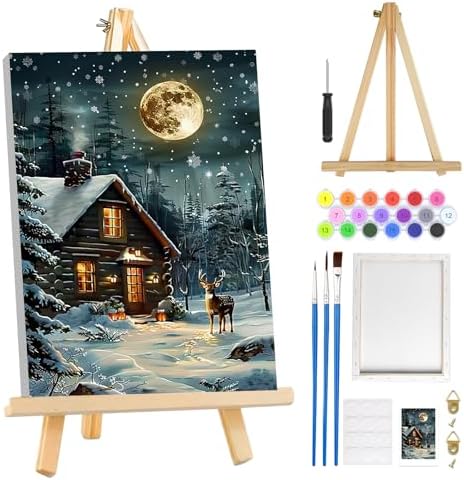 MOGTAA Christmas Winter Paint by Numbers Kit for Adults Beginners with Frame, Christmas Deer Adult Paint by Number Kits on Canvas with Easel, Easy DIY Oil Painting Kits for Home Decor, 8x12in