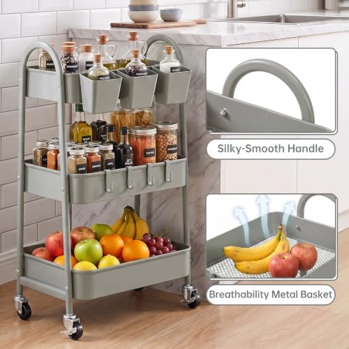danpinera 3-Tier Rolling Cart, Metal Rolling Storage Cart with Lockable Wheels & Hanging Cups & Hooks, Mobile Trolley Cart for Kitchen, Bathroom, Office, Workshop, Gray