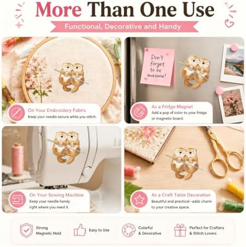 Needle Minder for Keeping Sewing & Embroidery Needles – Magnetic Needlepoint Holder, Cross Stitch Supplies – Secure & Decorative Needle Minders for Stitching & Crafting (Cute Otters)