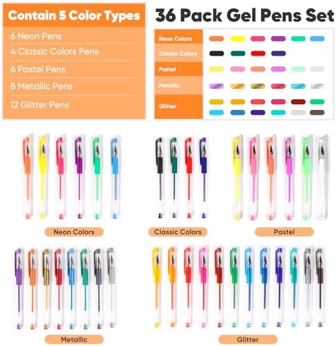 Taotree Gel Pens for Coloring Books, 36 Colors Glitter Pens, 40% More Ink