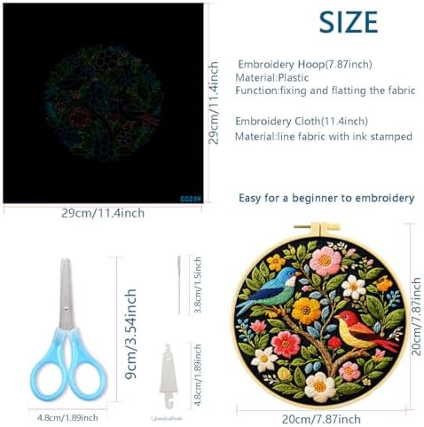 Zhenqing Floral Tree with Birds Embroidery Kit for Beginners, Pre-Printed 29x29cm Cotton Fabric with 20cm Hoop, Colorful Spring Garden Design (C0239)