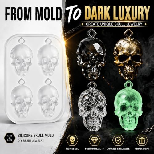 4 Cavity Faceted Skull Pendant Silicone Mold with Hanging Hole, Gothic Epoxy Resin Casting Mould for DIY Necklace Charm Halloween Christmas Jewelry Making (KL02)