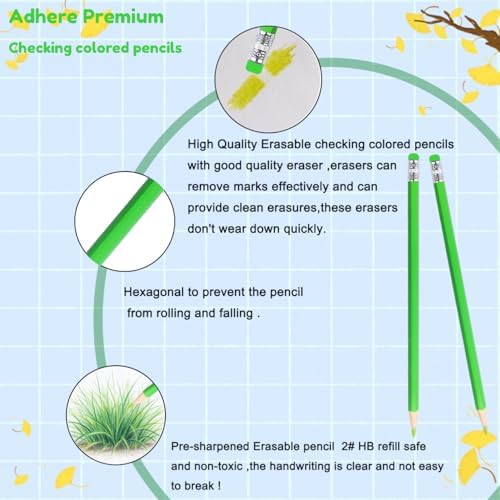 Adhere 25pcs Checking Pencils Erasable colored Pencils Pre-Sharpened #2 HB,for Checking Tests Grading,Map Coloring, editing Office Favors,including a Free sharpener. (Yellow Green)