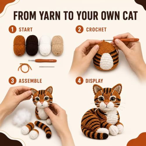 Crochet Kit for Beginners Orange Tabby Cat DIY Animal Set with Video Guide