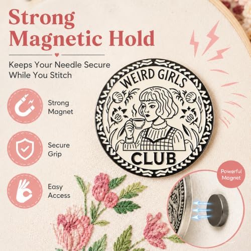Needle Minder for Keeping Sewing & Embroidery Needles – Magnetic Needlepoint Holder, Cross Stitch Supplies – Secure & Decorative Needle Minders for Stitching & Crafting (Weird Girls Club)