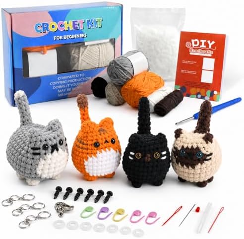 Esoes Crochet Kit for Beginners-4PCS Cat Crochet Kits for Adults, Amigurumi Crochet Animals Cat Crafts Crochet Kits, Holiday Gifts