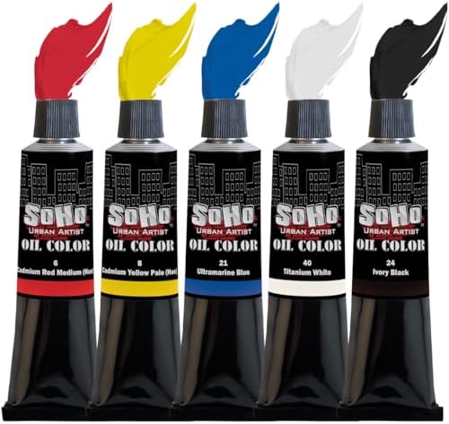 Soho Urban Artist Oil Paint Basic Set of 5-50 mL Tubes, Triple-Milled Oils with Refined Linseed - Smooth Application, True Color Mixes, Ideal for Brushes & Palette Knives