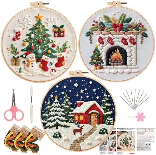 LB Christmas Embroidery Kit for Beginners Adults, 3 Sets Hand Embroidery Starter Kit with Fireplace Pattern and Instructions Stamped Cross Stitch Kits Include Embroidery Hoop Needles Threads Scissors