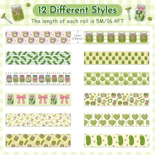 Funny Pickle Washi Tape - 12 Rolls Cucumber Pink Bow Decorative Tape Set for Teen Bookish, Green Pink Stripe Food Wrapping Paper DIY Art Crafts for Scrapbook Journal Birthday Gift Supplies
