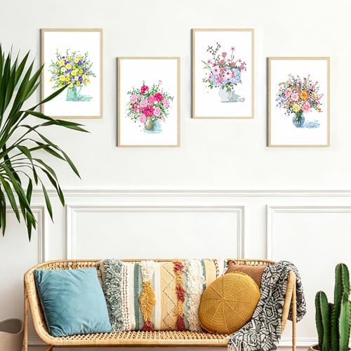 4 Pack Framed Paint by Numbers Kit for Adults Beginner with Wooden Easel, Flowers Vase Easy Paint by Numbers with Frame, DIY Adult Paint by Numbers Kits on Canvas Framed for Home Decor Gift 8x12 Inch