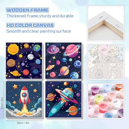 bleihum 4 Pack Paint by Numbers Kit for Kids with Frame Wooden Easel | Easy Paint by Number Kids Space, DIY Acrylic Oil Painting by Numbers for Home Wall Decor 8x8 Inch