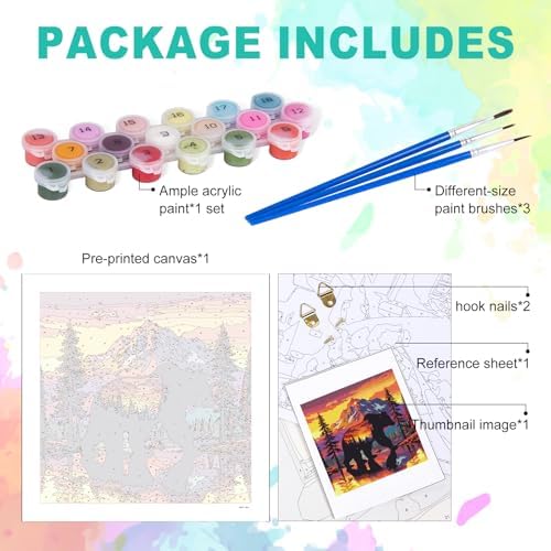 Paint by Numbers Kit for Adults, Sunset Bear Number Painting, 16 x 16 Inch | DIY Adult Paint by Number Kit on Canvas for Beginners, without Frame, Wildlife Wall Decor, Stress Relief Craft Gift