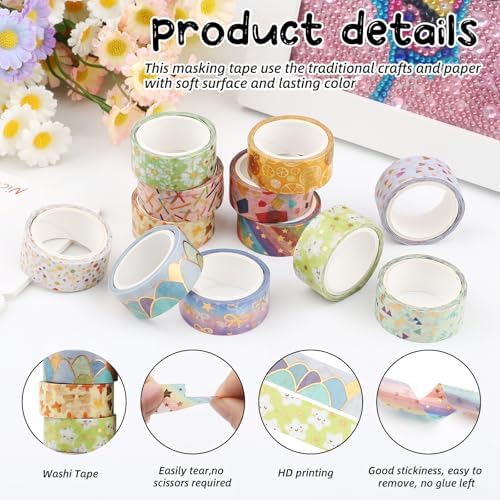 12 Rolls Gold Foil Floral Washi Tape Set,15mm Decorative Masking Tape for Journaling, Scrapbooking, Planners, DIY Crafts, Gift Wrapping(Spring Pastel Collection)