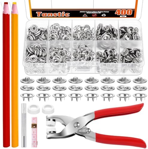 Tanstic 407Pcs (100 Sets) Snaps Buttons with Fastener Pliers Press Tool Kit, 9.5mm Silver Metal Snap Fasteners with Fastener Pliers, Punch, Soft Ruler, Peel-Off China Marker for Sewing (Hollow)