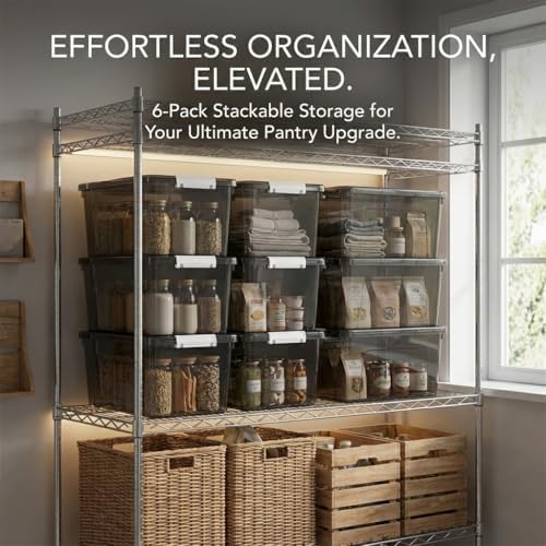 19 Quart Stackable Plastic Storage Bins with Lids, 6 Pack Clear Black Organizer Boxes with Secure Latches for Garage, Tools, Closet, Office, Durable Storage